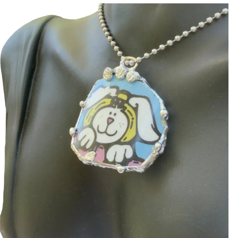 Royal Norfolk Easter Bunny Broken China Pendant - Silver Cabochon Necklace 1.5" - Picture 5 of 15